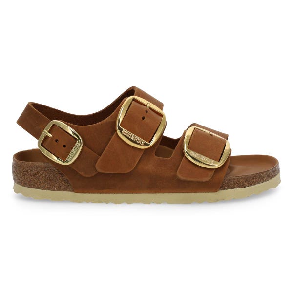 Women's Milano Big Buckle Oiled Leather 3 Strap Narrow Sandal - Cognac
