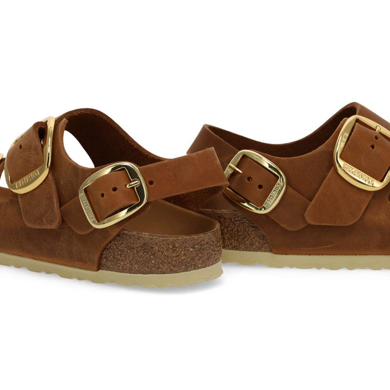 Women's Milano Big Buckle Oiled Leather 3 Strap Narrow Sandal - Cognac