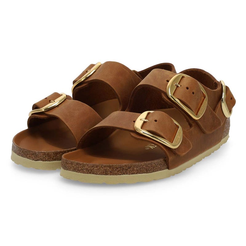 Women's Milano Big Buckle Oiled Leather 3 Strap Narrow Sandal - Cognac