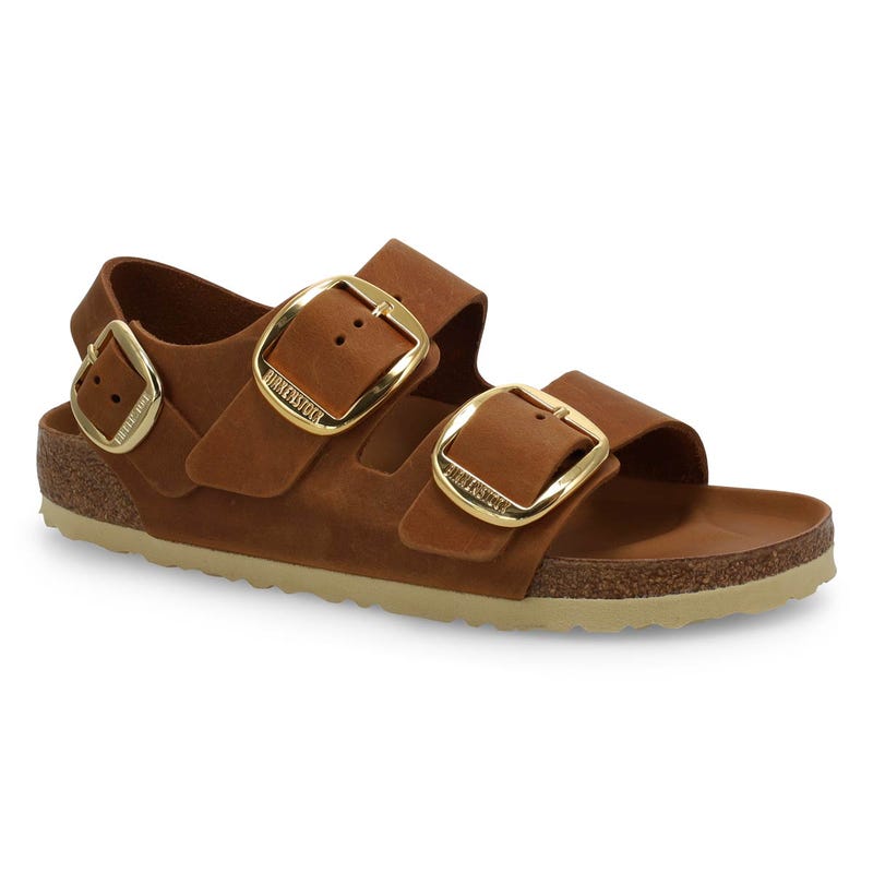 Women's Milano Big Buckle Oiled Leather 3 Strap Narrow Sandal - Cognac