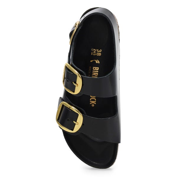 Women's Milano Big Buckle Leather 3 Strap Narrow Sandal - Black