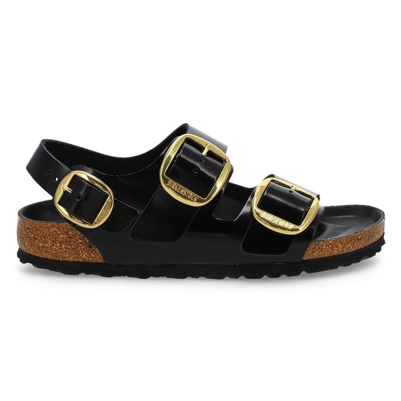 Women's Milano Big Buckle Leather 3 Strap Narrow Sandal - Black