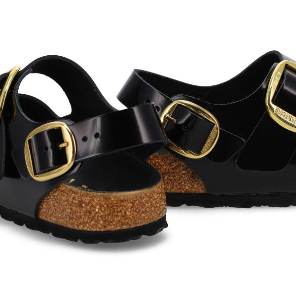 Women's Milano Big Buckle Leather 3 Strap Narrow Sandal - Black