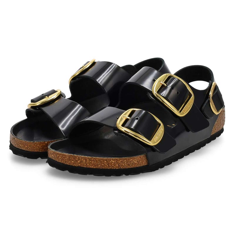 Women's Milano Big Buckle Leather 3 Strap Narrow Sandal - Black