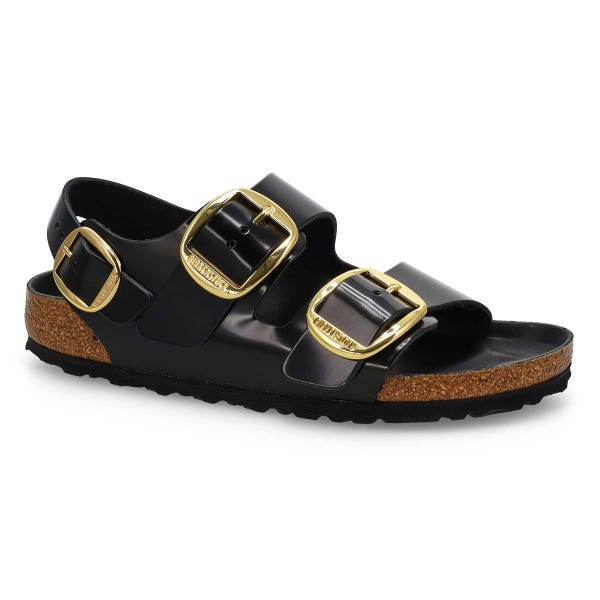 Women's Milano Big Buckle Leather 3 Strap Narrow Sandal - Black