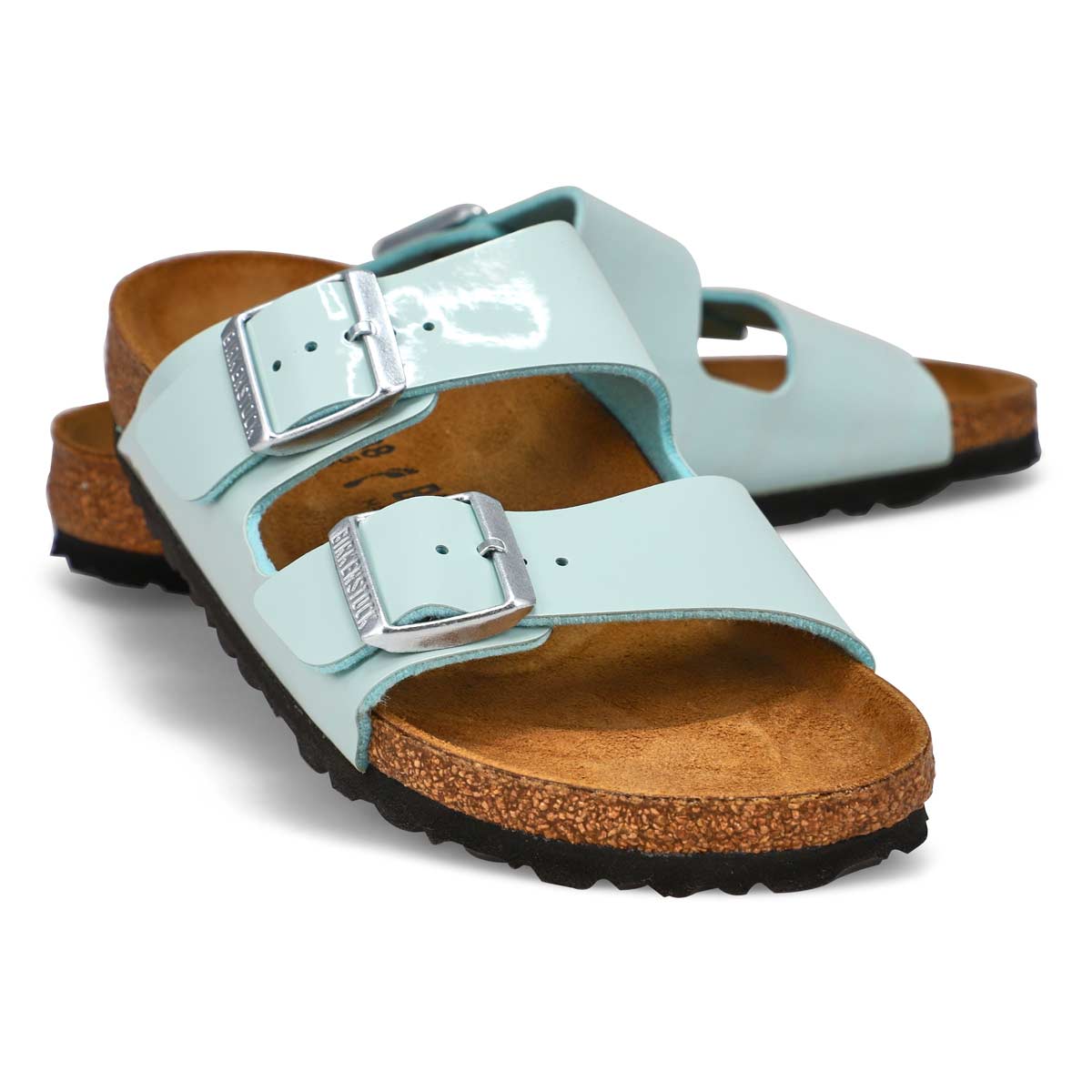 Women's Arizona 2 Strap Cork Footbed Narrow Sandal - Surf Green Patent