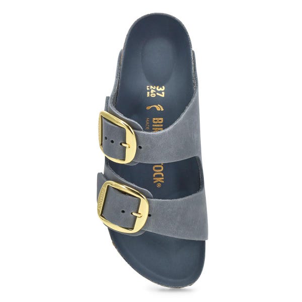 Women's Arizona Big Buckle Oiled Leather 2 Strap Narrow Sandal -  Basalt Grey