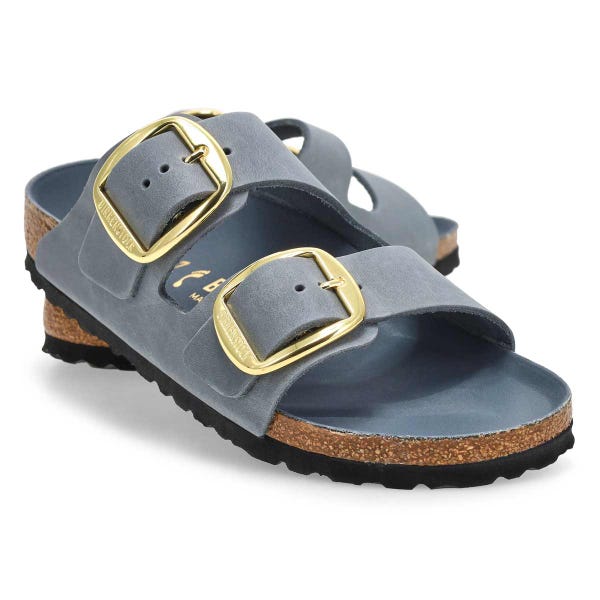 Women's Arizona Big Buckle Oiled Leather 2 Strap Narrow Sandal -  Basalt Grey