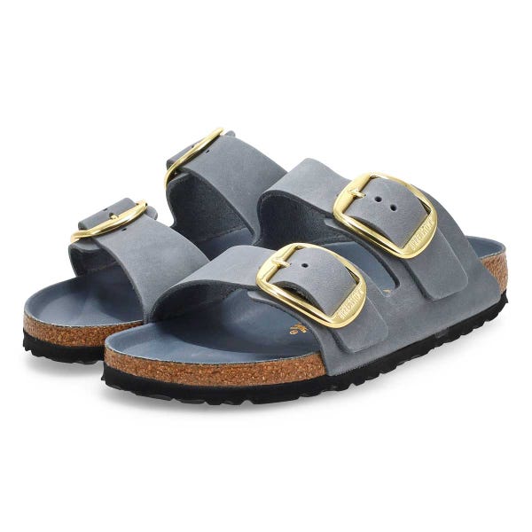 Women's Arizona Big Buckle Oiled Leather 2 Strap Narrow Sandal -  Basalt Grey