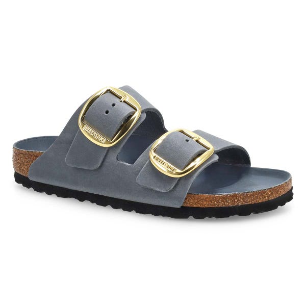 Women's Arizona Big Buckle Oiled Leather 2 Strap Narrow Sandal -  Basalt Grey