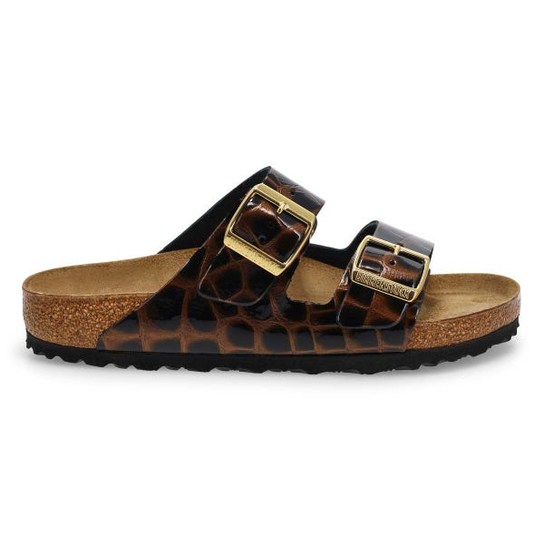 Sandale Arizona en cuir embossé animalier à 2 brides pour femmes - brun