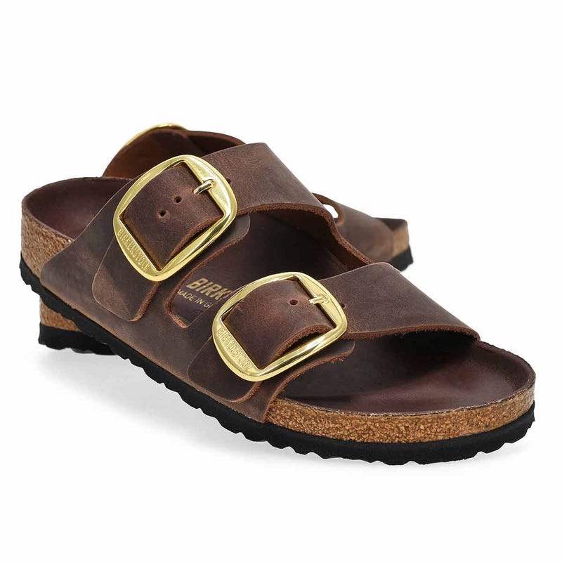 Women's  Arizona Big Buckle Oiled Leather 2 Strap Narrow Sandal - Habana