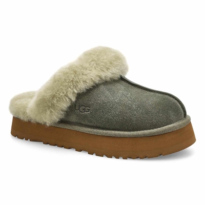 Pantoufle en peau de mouton DISQUETTE, vert mousse/laiton mat, femmes