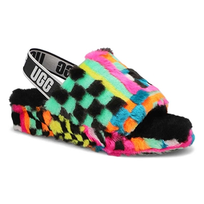 Lds Fluff Yeah Slide Checks Slipper - Black Multi