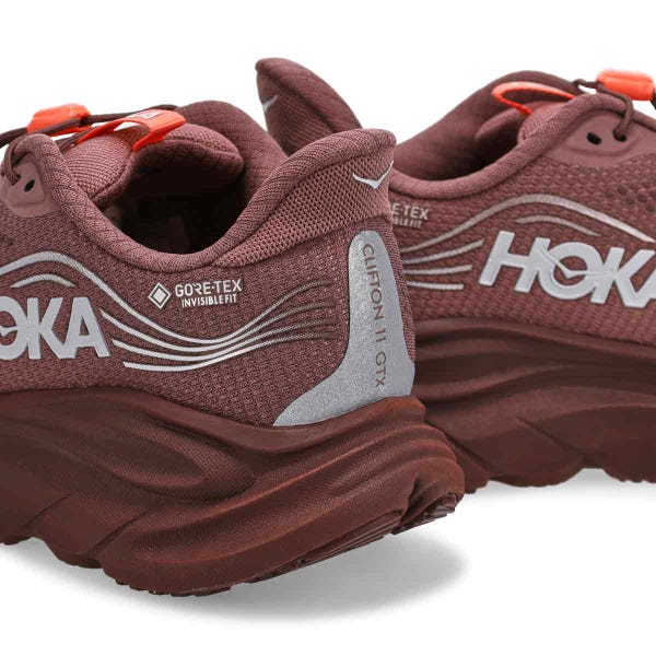 Women's HOKA Clifton 11 GTX performance sneaker in Smoky Quartz/Deep Mauve.