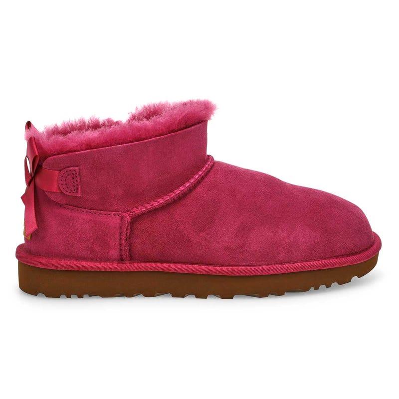 Women's UGG Ultra Mini Bailey Bow sheepskin boot in Dark Winterberry.