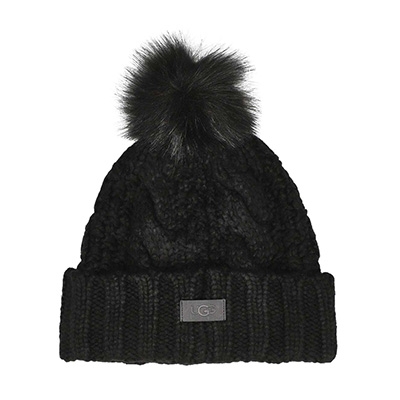 Lds Knit Cable Faux Fur Pom Beanie - Black