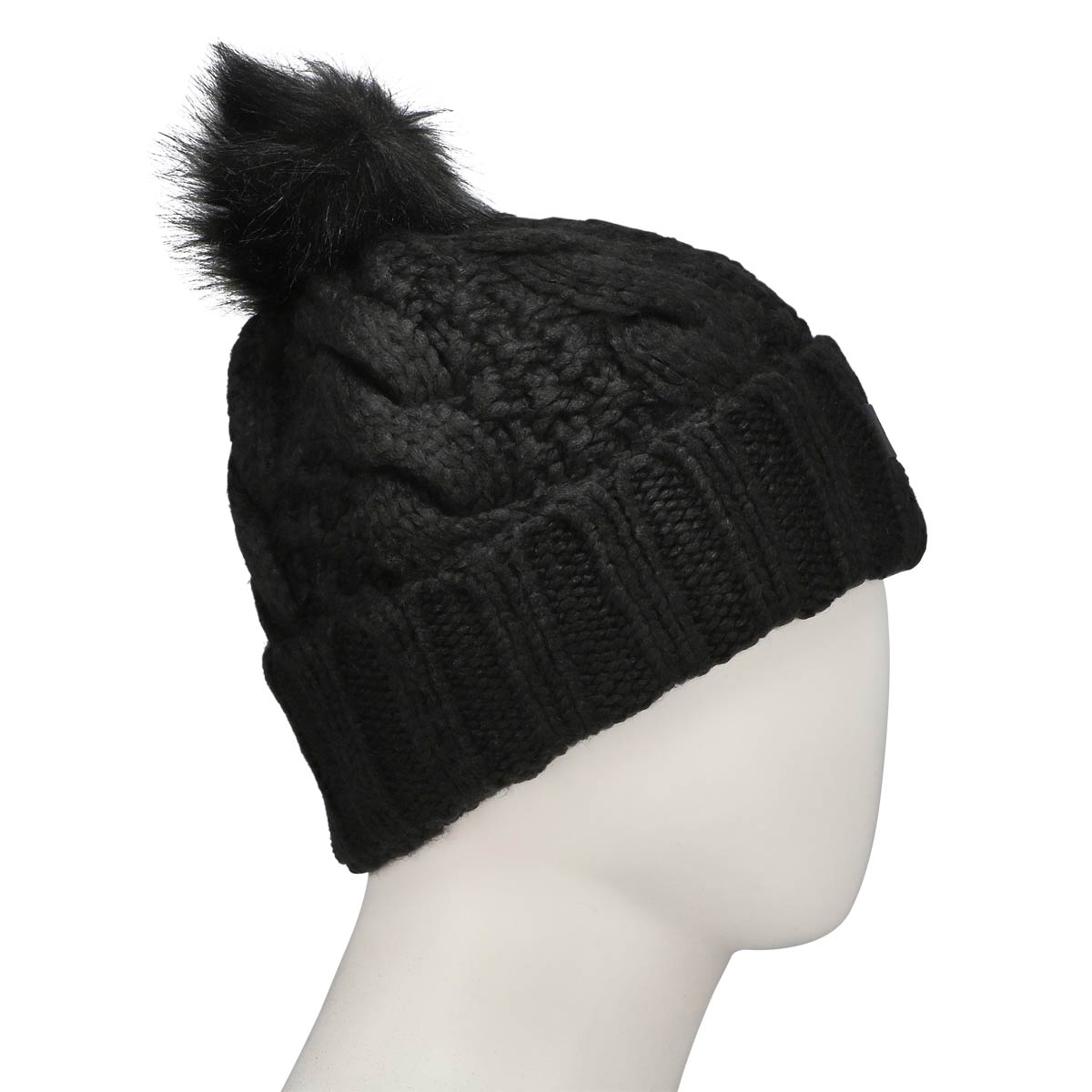 Women's Knit Cable Faux Fur Pom Beanie - Black