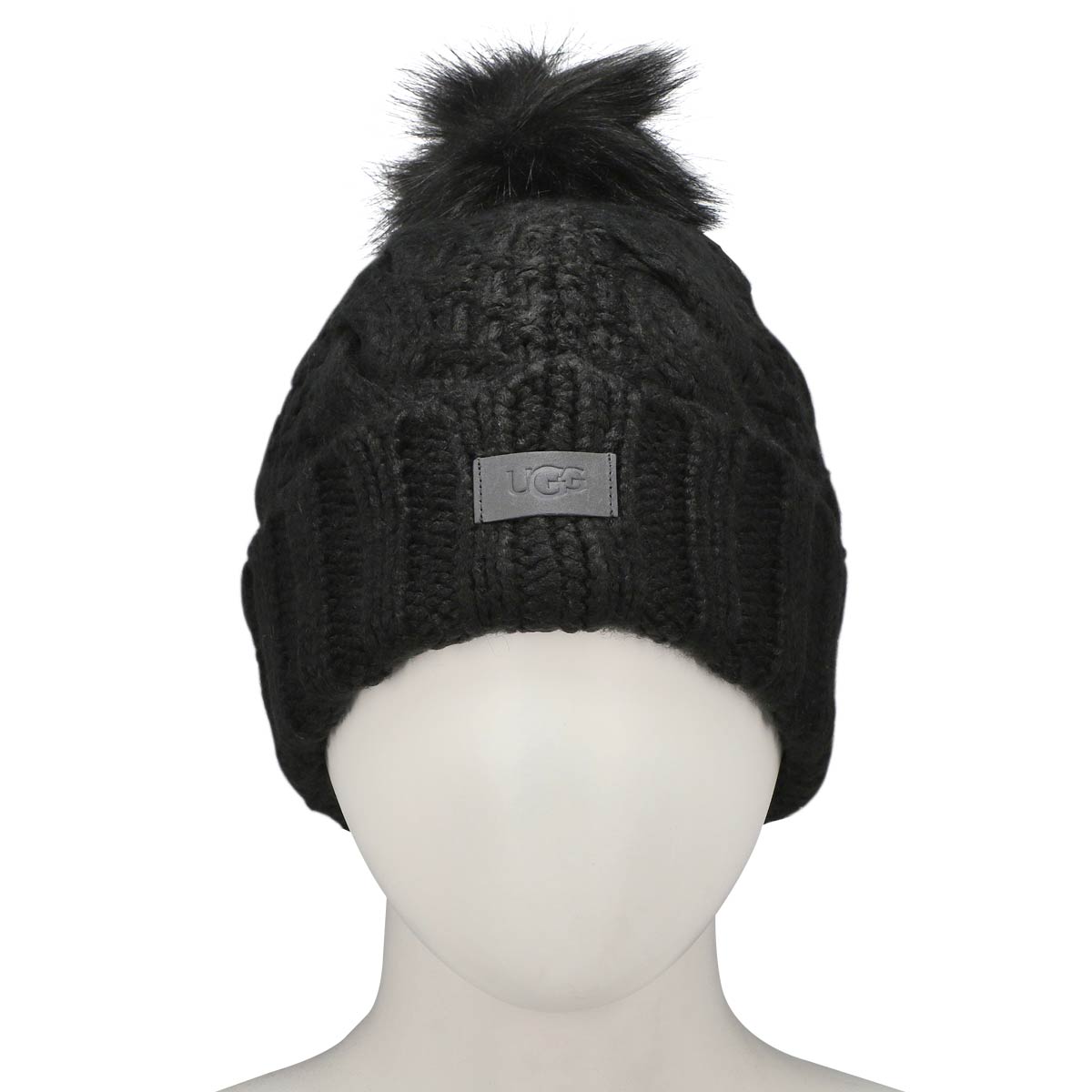 Tuque KNIT CABLE FAUX FUR POM, noir, femmes