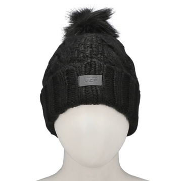 Women's Knit Cable Faux Fur Pom Beanie - Black