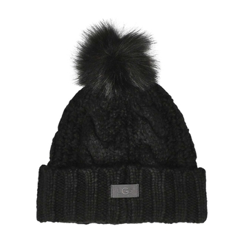 Women's Knit Cable Faux Fur Pom Beanie - Black