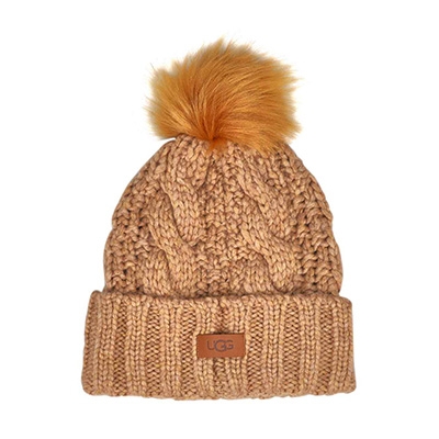 Lds Knit Cable Faux Fur Pom Beanie - Camel