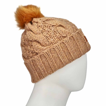 Women's Knit Cable Faux Fur Pom Beanie - Camel