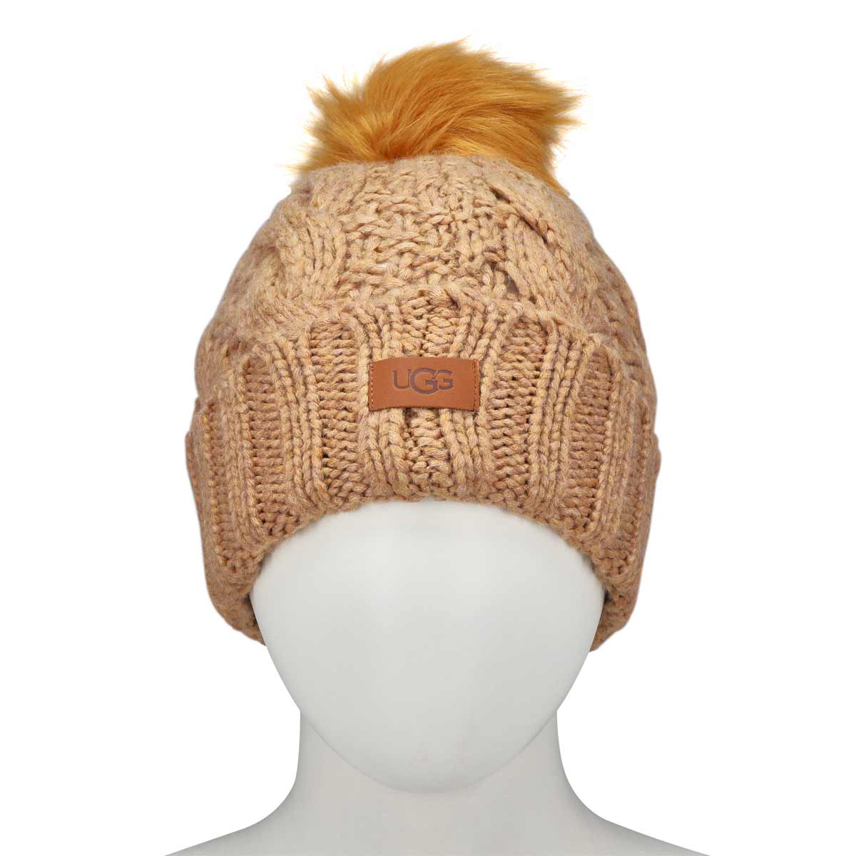 Women's Knit Cable Faux Fur Pom Beanie - Camel