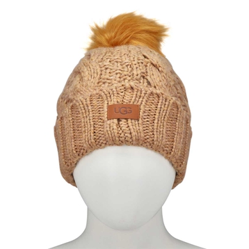 Women's Knit Cable Faux Fur Pom Beanie - Camel