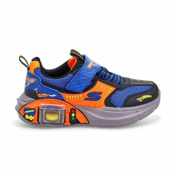 Boys' Skechers Garage sneaker in blue/orange.