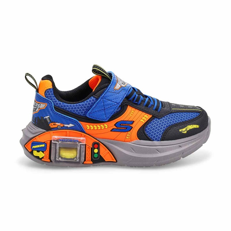 Boys' Skechers Garage sneaker in blue/orange.