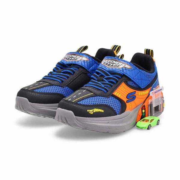 Boys' Skechers Garage sneaker in blue/orange.