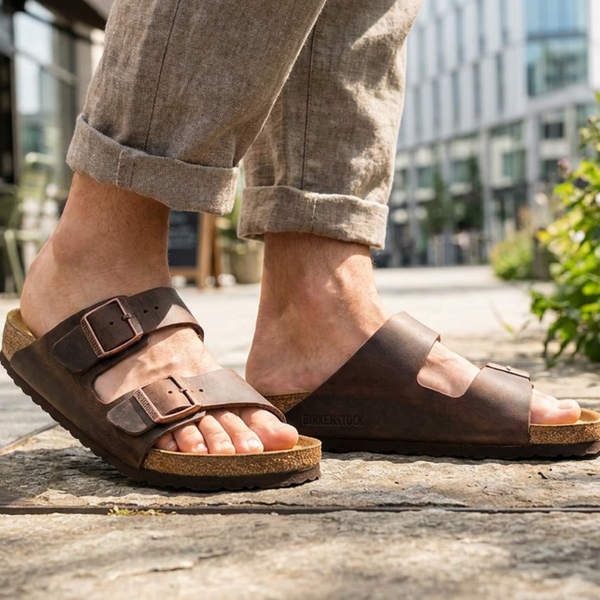 Sandale à 2 brides en cuir huilé avec lit de pied souple ARIZONA SOFT FOOTBED, havana, hommes