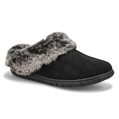 Lds Beth Open Back Suede Slipper - Black