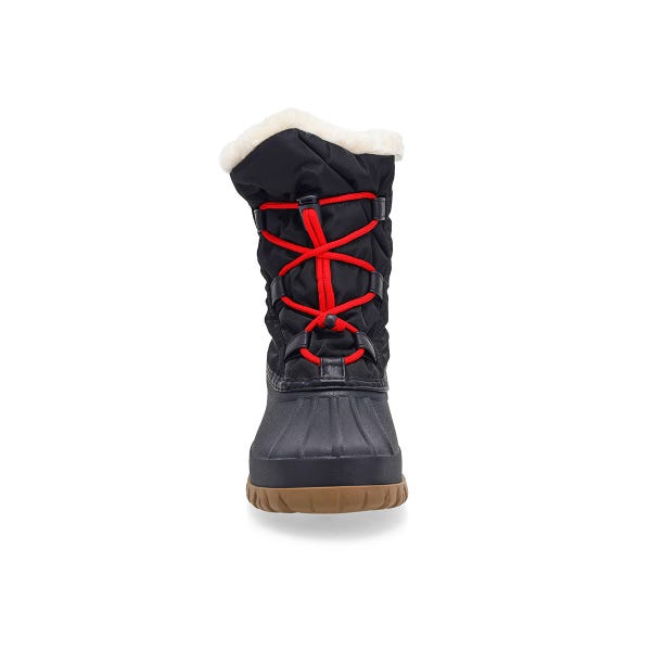 A women's waterproof winter boot in a bold Black/Red colourway.