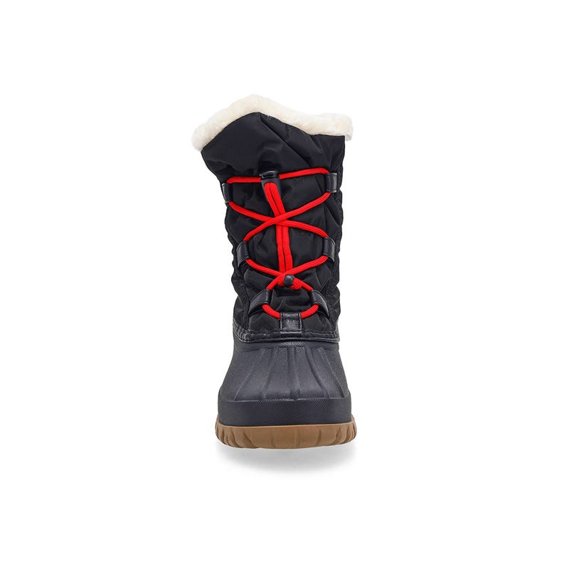 A women's waterproof winter boot in a bold Black/Red colourway.