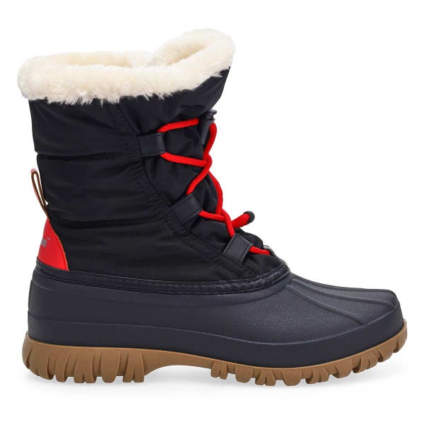 A women's waterproof winter boot in a bold Black/Red colourway.