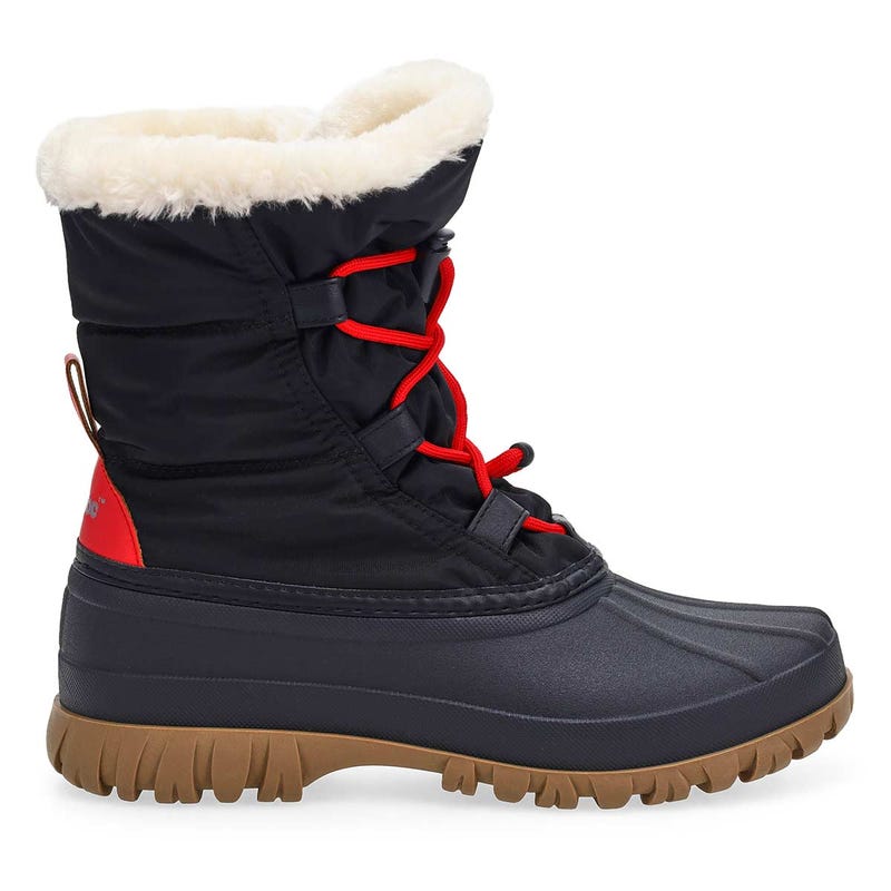A women's waterproof winter boot in a bold Black/Red colourway.