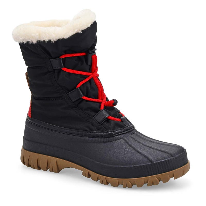 A women's waterproof winter boot in a bold Black/Red colourway.