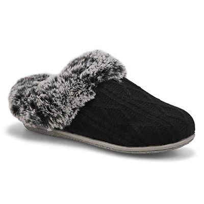 Lds Clipper Knit Faux Fur Slipper - Black