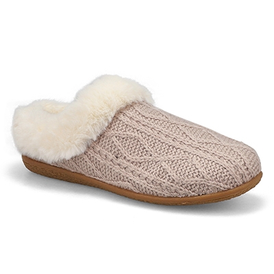 Lds Clipper Knit Faux Fur Slipper - Oatmeal