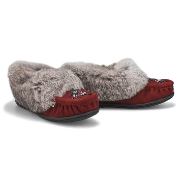 Women's Cute 5 Rabbit Fur SoftMocs - Burgundy