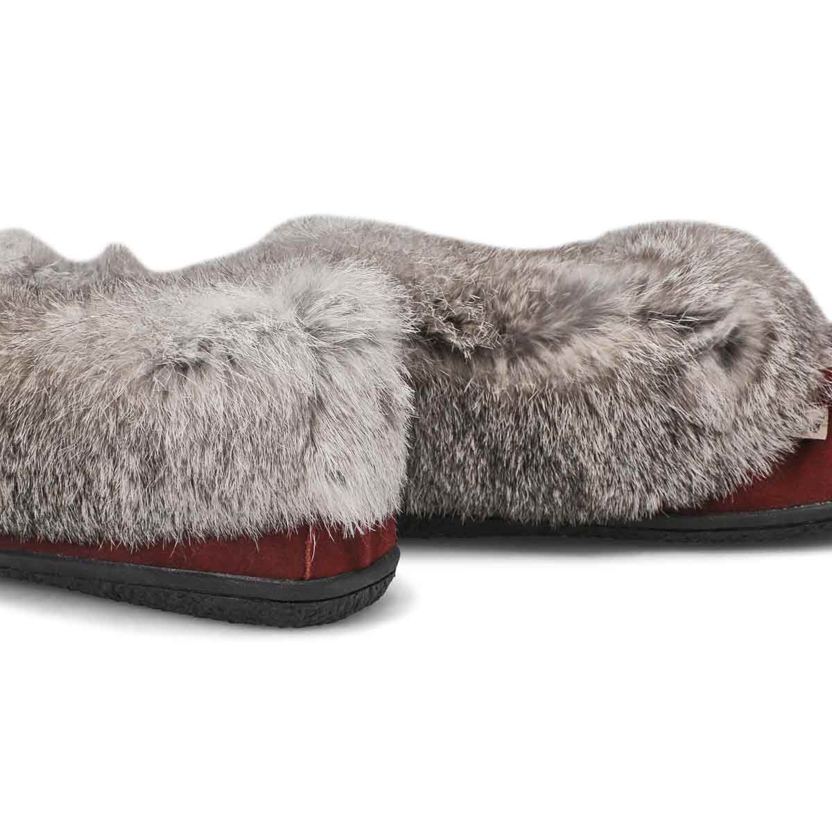 Women's Cute 5 Rabbit Fur SoftMocs - Burgundy