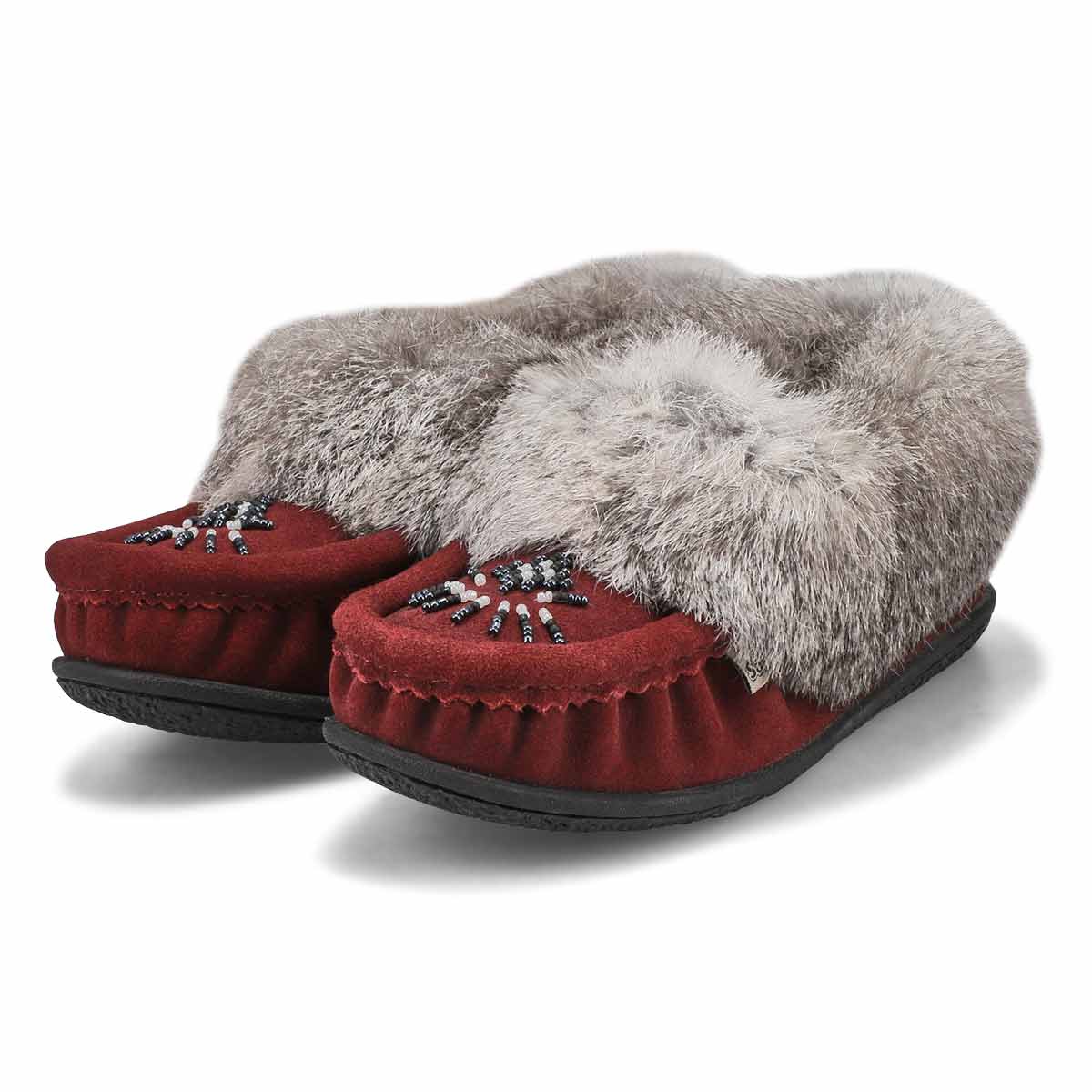 Women's Cute 5 Rabbit Fur SoftMocs - Burgundy