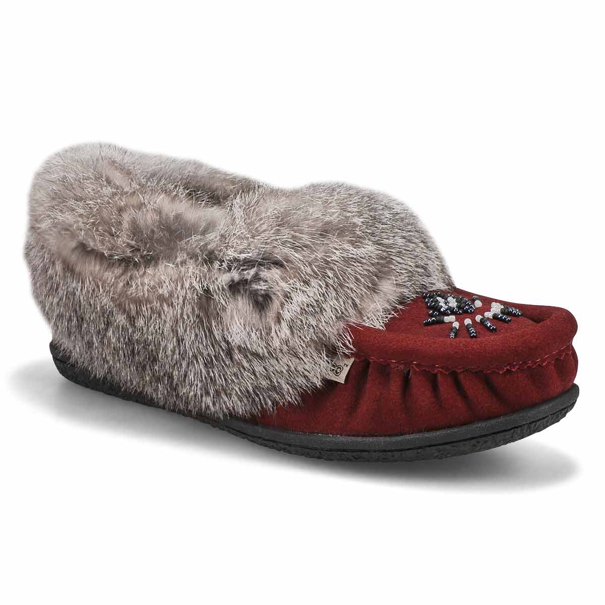 Women's Cute 5 Rabbit Fur SoftMocs - Burgundy