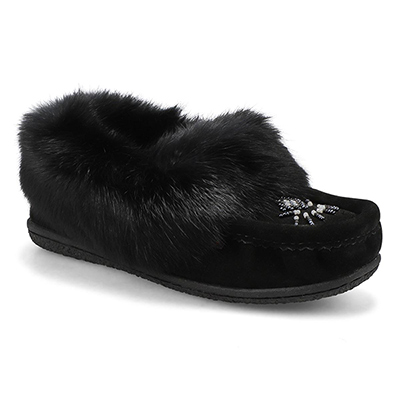 Lds Cute 5 Rabbit Fur SoftMocs - Black/Black