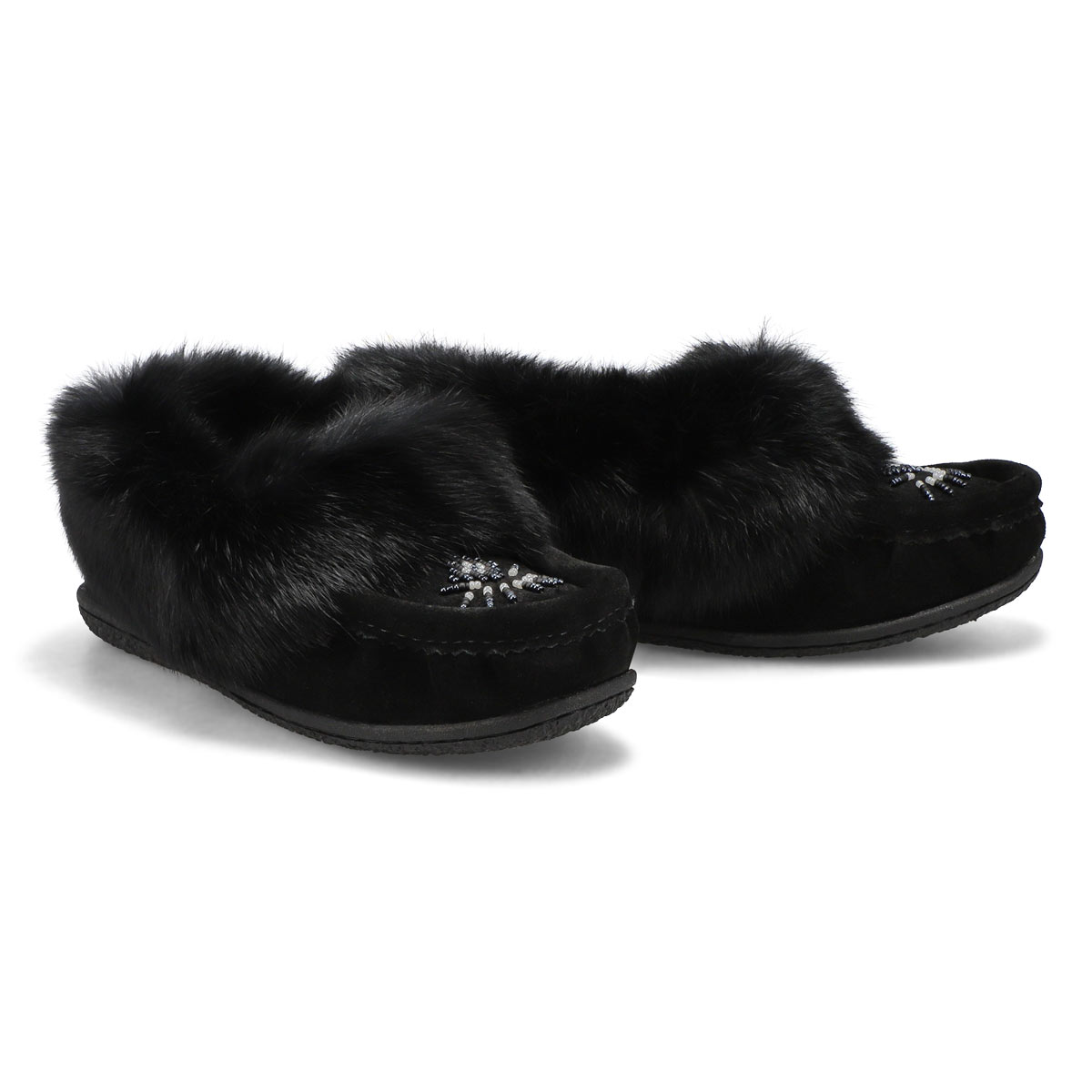 Women's Cute 5 Rabbit Fur SoftMocs - Black/Black