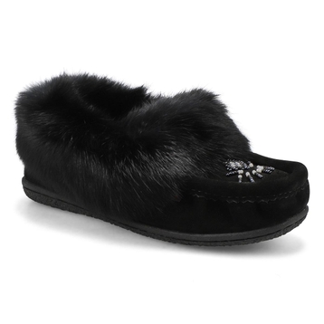 Women's Cute 5 Rabbit Fur SoftMocs - Black/Black