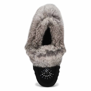 Women's Cute 5 Rabbit Fur Moccasin - Black Grey