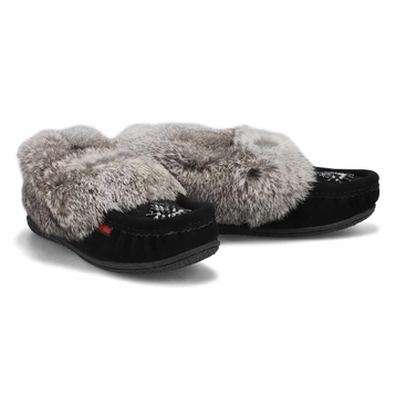 Women's Cute 5 Rabbit Fur Moccasin - Black Grey